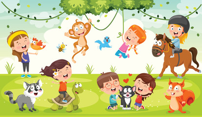 Obraz na płótnie Canvas Children Playing With Funny Animals