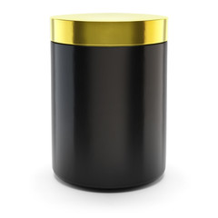 Black Realistic Glass Jar. Sport nutrition container without label. Realistic luxury mockup. Cosmetic ad concept. Isolated on white background Use for banner, website, template. 3d illustration