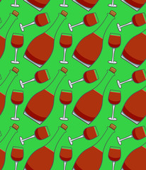 Bottle and glass of red wine seamless pattern on green background