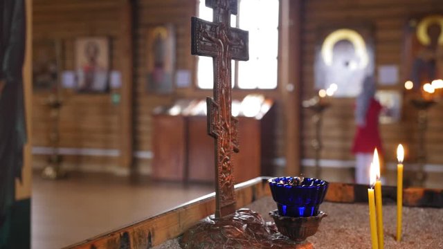 Burning candles. The church. Religious memorial attribute of warmth and sincerity. Full shot.