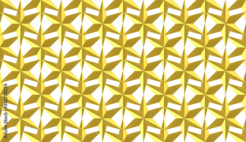 Poster 3d rendering. seamless golden six pointed star shape pattern on white background.