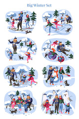 Family winter fun leisure flat illustrations set