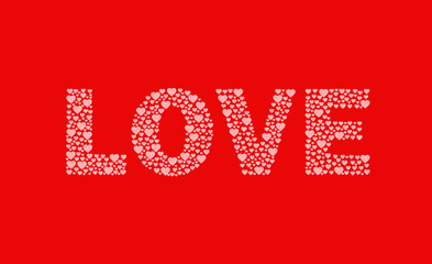 The word love in large letters on a red background. White hearts. Valentine's day. Day of lovers. Postcard for congratulations on the holiday. Declaration of love.