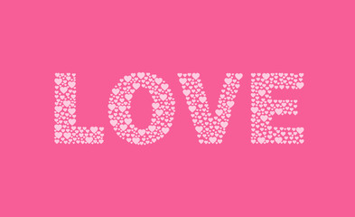 The word love in large letters on a pink background. White hearts. Valentine's day. Day of lovers. Postcard for congratulations on the holiday. Declaration of love.