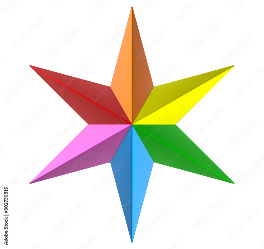 Poster 3d rendering. lgbt rainbow colorful six pointed star with clipping path isolated on white background