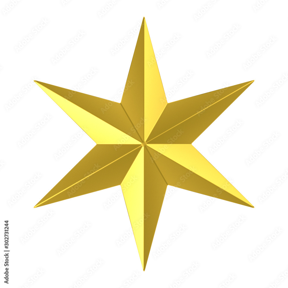 Poster 3d rendering. gloden six pointed star with clipping path isolated on white background.