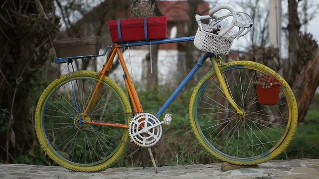 Flower bed from a bicycle. An old bike is painted with bright colors.