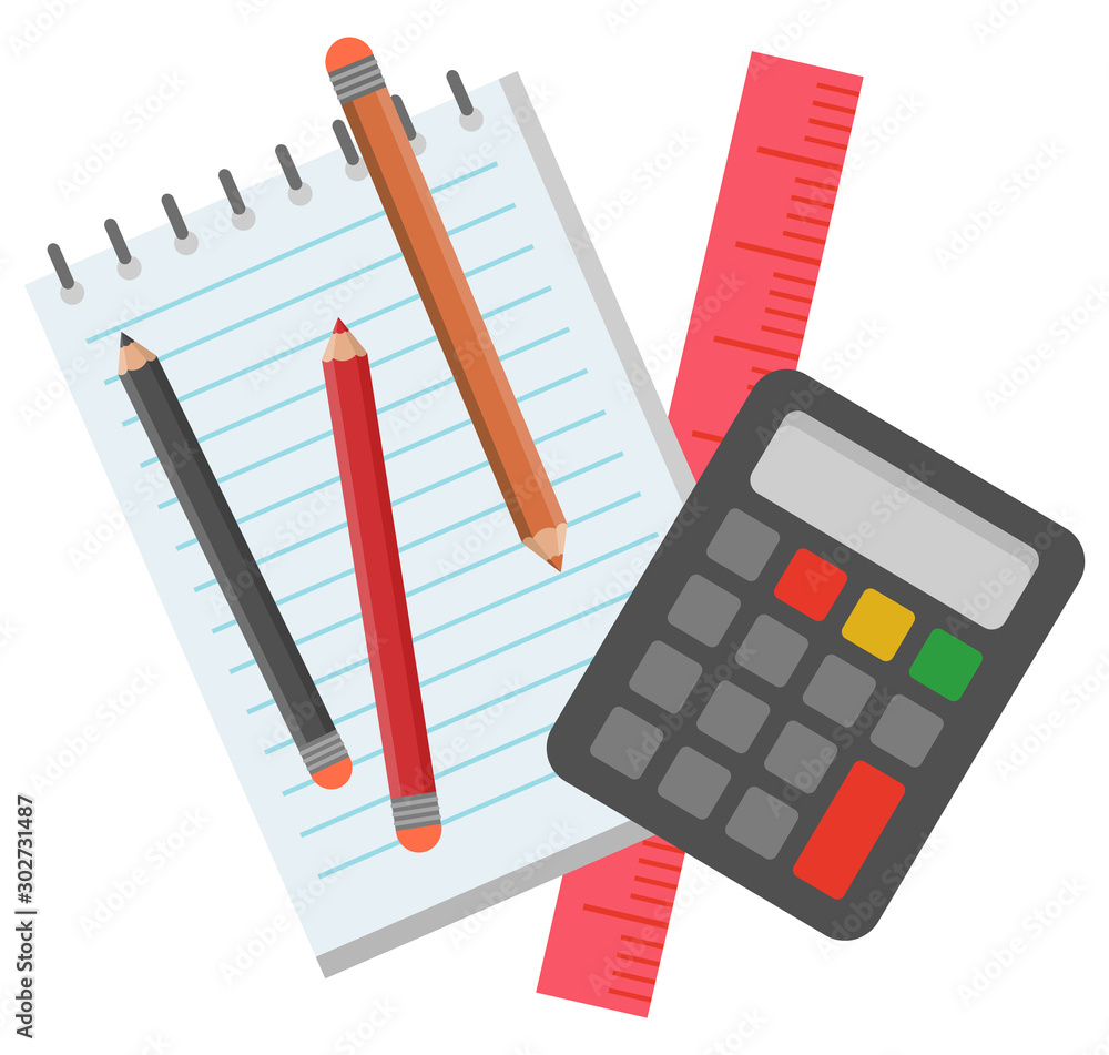 Poster school supplies for pupils and students to study mathematics vector. children have calculator to cou