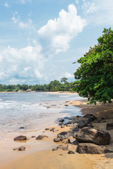 Cameroon, South Region, Ocean Department, Kribi, sandy beach and palm trees by the sea
