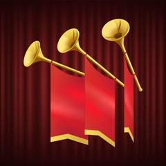 Golden trumpet with small red flag. Musical instrument for king orchestra. Fanfare for play music. Monarch herald, brass instrument, royal regalia