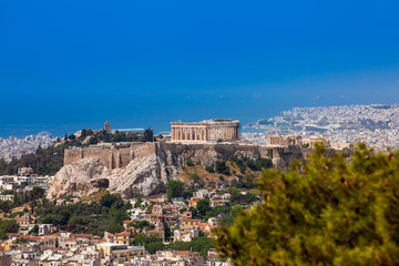 Fototapeta na wymiar The city of Athens seen from the Mount Lycabettus a Cretaceous limestone hill
