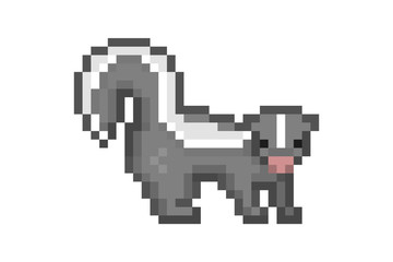 Walking side view skunk , pixel art character isolated on white background. 8 bit forest animal icon. Old school vintage retro slot machine/video game graphics.