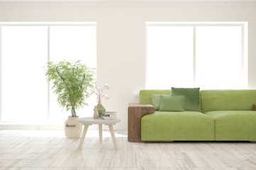 Stylish room in white color with green sofa. Scandinavian interior design. 3D illustration