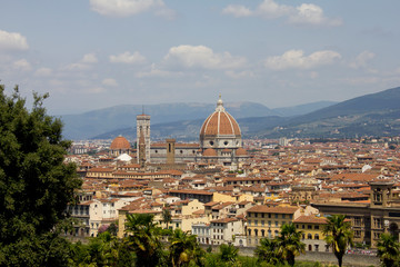 A panoramic view of the rooftops of Florence showing the great dome of the Cathedral or Duomo 