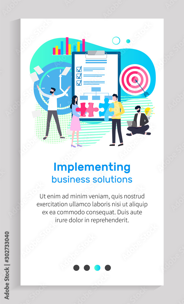 Poster implementing business solution vector, people working in field of management and organization, clipb