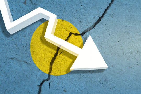 Palau Flag on the cracked wall with arrow falling down. Concept of decrease in the country. 3D Illustration