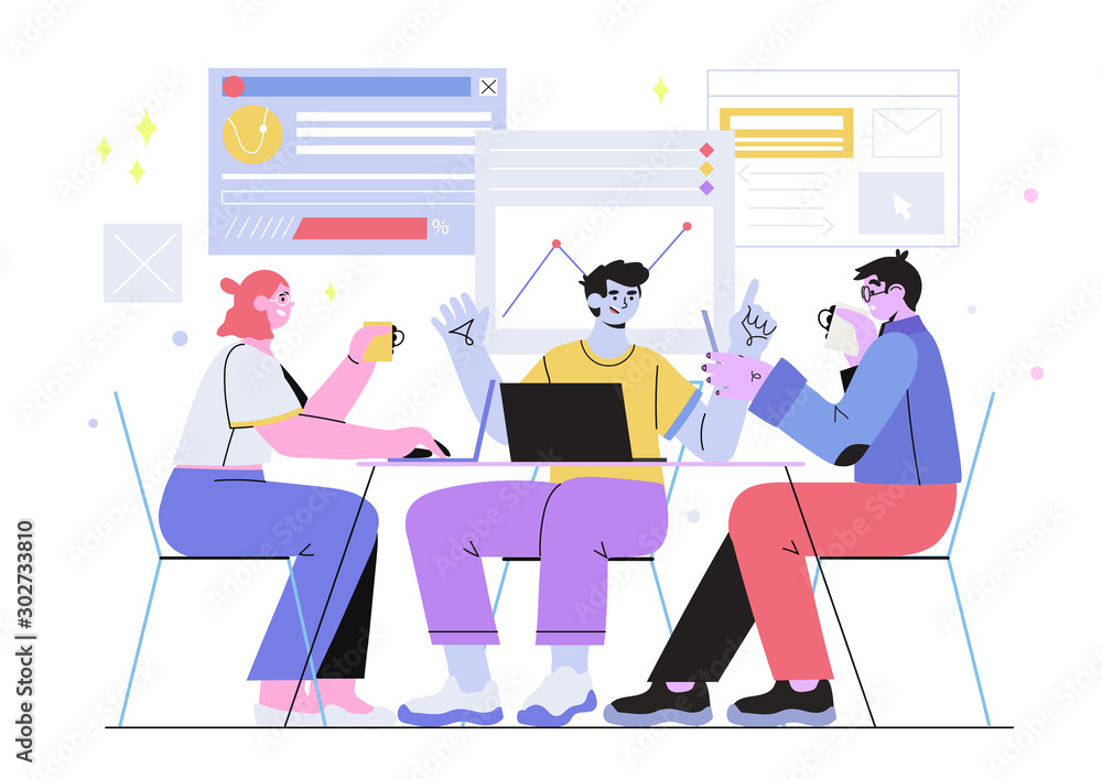 Poster vector illustration of a business team or managers on a meeting discussing with colleagues a present