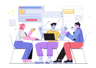 Vector illustration of a business team or managers on a meeting discussing with colleagues a presentation or working on a new startup project in office. Concept of brainstorming or teamwork. Our team.