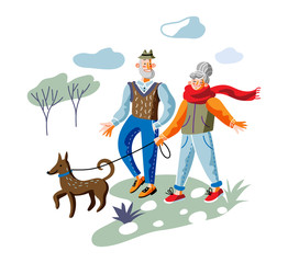 Elderly couple on stroll flat vector illustration. Old man and woman, husband and wife cartoon character. Aged pair on outdoor walk with dog in park. Fresh air recreation, happy retirement concept.