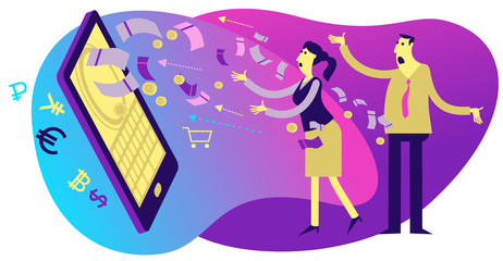 Woman and man make online purchases through a smartphone. Purchases through the online store, mobile application. Flat design illustration for presentation, web, landing page, infographics