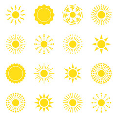 The sun icon set. For summer, nature, sky, summer. The silhouette of the sun. Isolated vector illustration