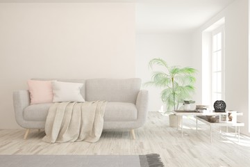 Stylish room in white color with sofa. Scandinavian interior design. 3D illustration