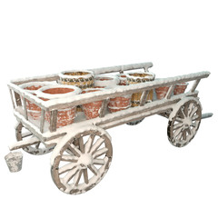 Wooden cart with snow covered pots