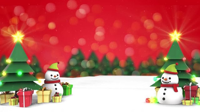 4K Video, 3D Render Background images of the Christmas and Happy New Year concept. There are Snowman, Christmas trees, gift boxes, and shining toys. On a beautiful red background.