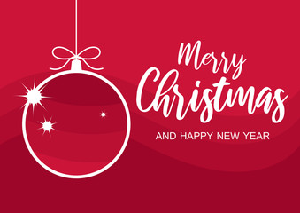 Merry Christmas and Happy New Year Sign on a red background. Red Christmas greeting card. Simple red Christmas ball vector. Merry Christmas inscription vector