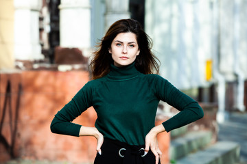 Beauty portrait of female face with natural skin. Beauty portrait of female face. Gorgeous young model woman posing in the city. Wonderful white female. Stylish girl. Hipster. Russian.