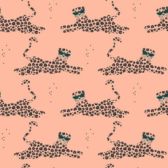 cute trendy tropical summer seamless vector pattern background illustration wih leopard with sunglasses
