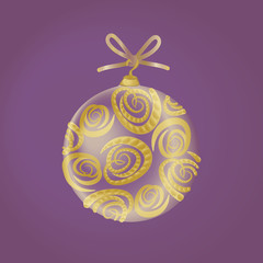 Eine große gläserne Christbaumkugel mit goldenen Rosenornamenten vor violettem Hintergrund.
