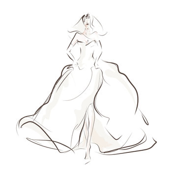 Beautiful bride in wedding dress. Hand drawn illustration, vector