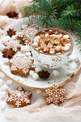 Fototapeta premium Christmas time composition with cookies and hot chocolate