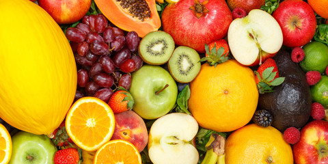 Naklejka na ściany i meble Fruits background food collection pattern apples oranges grapes banner fruit
