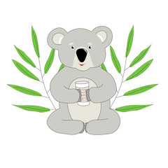 Cute cartoon vector koala with a glass of milk in her paws. Two branches with eucalyptus leaves.