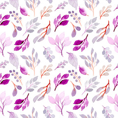 Fototapeta na wymiar soft purple watercolor leaves seamless pattern