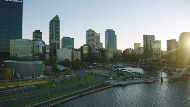 Aerial view Perth waterfront at sunrise Elizabeth Quay
