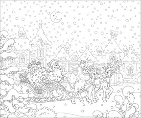 Santa Claus with a big bag of holiday gifts in his celebratory decorated sleigh with magic reindeers in a snow-covered town on the snowy night before Christmas, vector cartoon illustration