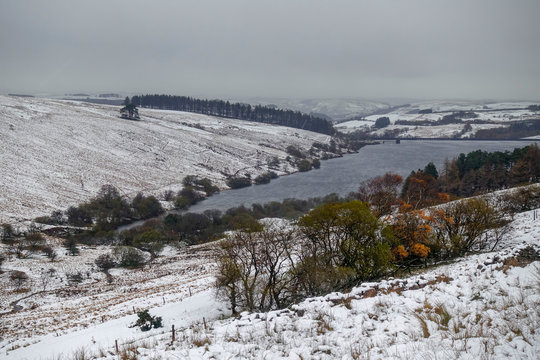 panorama of mountains in winter The crai reservoir in brecon beacons national park, wales
