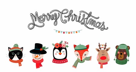Christmas poster/banner with cute characters isolated on white background and hand lettering message