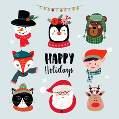 Christmas greeting card with cute characters and hand lettering