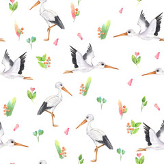 Seamless hand drawn  watercolor pattern. Flying stork  and leaves, isolated elements on white background.