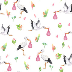 Seamless hand drawn  watercolor  pattern. Stork with a baby girl, leaves  and flowers, isolated elements on white background, cartoon character.