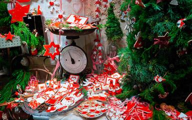 Ceramic Christmas tree decorations of Christmas market Germany in Europe in winter. German Night...