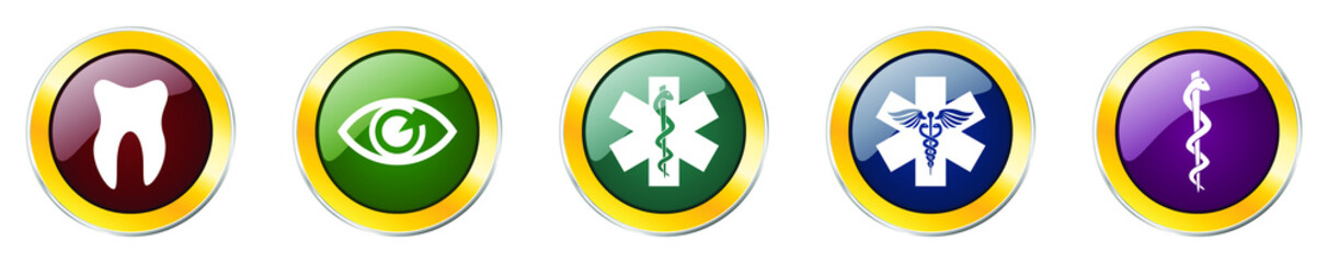 Set of colorful web glossy vector icons,  medicine, health, eye and tooth buttons in eps 10 for webdesign and mobile applications on white background