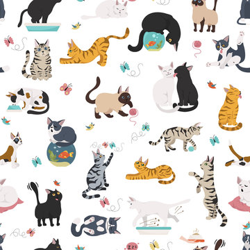 Cartoon cat characters seamless pattern. Different cat`s poses, yoga and emotions set. Flat simple style design
