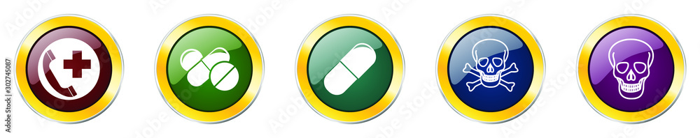 Aufkleber Set of colorful web glossy vector icons,  pill, pharmacy and skull buttons in eps 10 for webdesign and mobile applications on white background