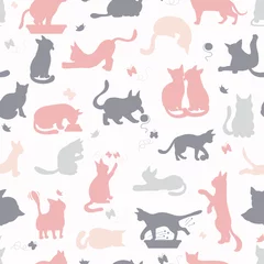 Fototapete Katzen Nahtloses Muster der Karikaturkatzencharaktere. Verschiedene Katzenposen, Yoga und Emotionen eingestellt. Flaches schlichtes Design
