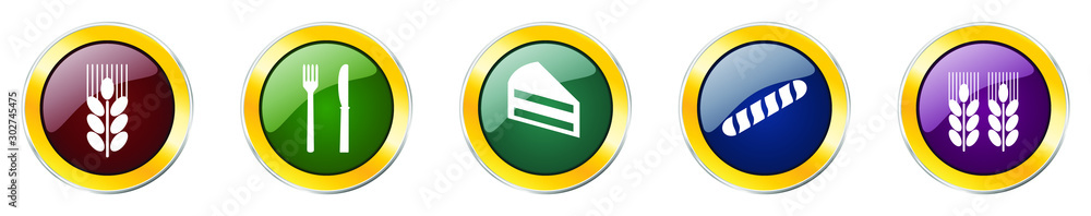 Fototapete Set of colorful web glossy vector icons,  wheat, cake, cutlery, restaurant and grain buttons in eps 10 for webdesign and mobile applications on white background